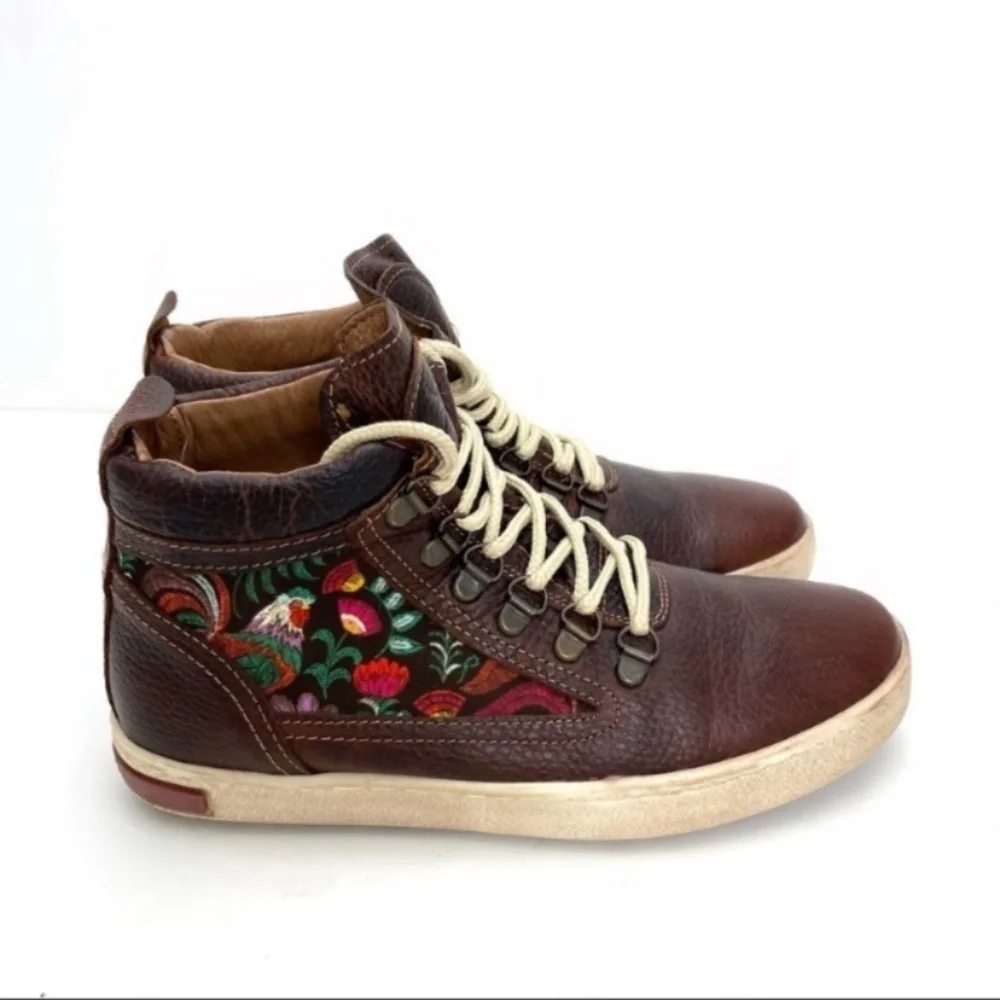 Inkkas Rooster Floral Camping Leather Hi Top Hiking Boot Sneakers Brown Size 8